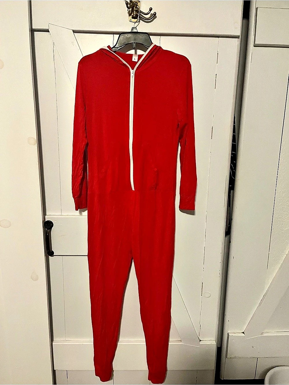 Red Hooded Zip-Front Jumpsuit Size Large Like New